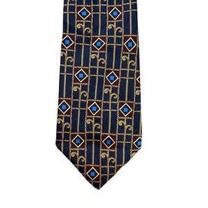 Domani Uomo Mens Silk Tie Navy Blue Gold Geometric Italian Made Silk Necktie